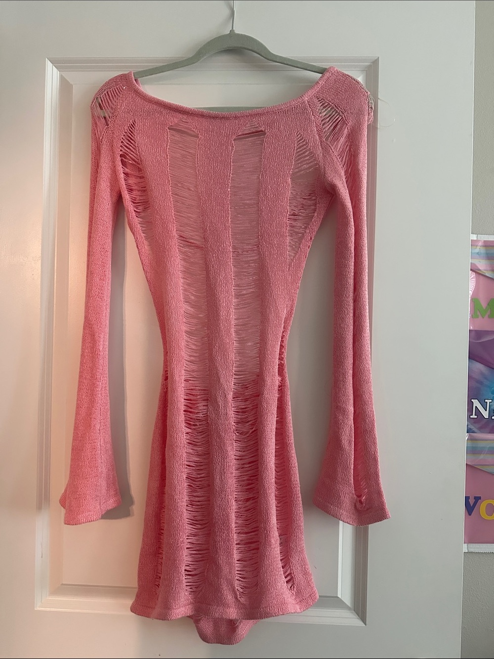 Women's Pink Distressed Long-Sleeve Dress - Picture 3 of 3